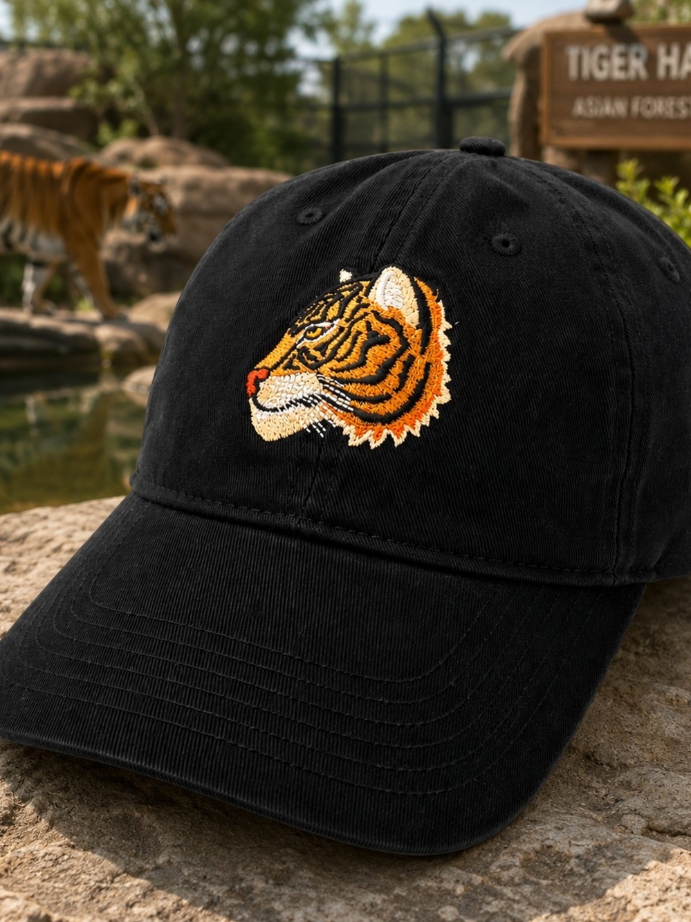 Mad Engine Tiger Head Embroidered Black Adjustable Dad Hat Baseball Cap